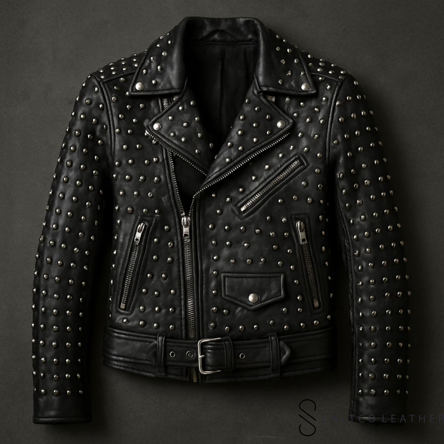 Black Sheep Men’s Studded Leather Biker Jacket – Handmade Edgy Coat