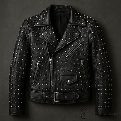 Black Sheep Men’s Studded Leather Biker Jacket – Handmade Edgy Coat