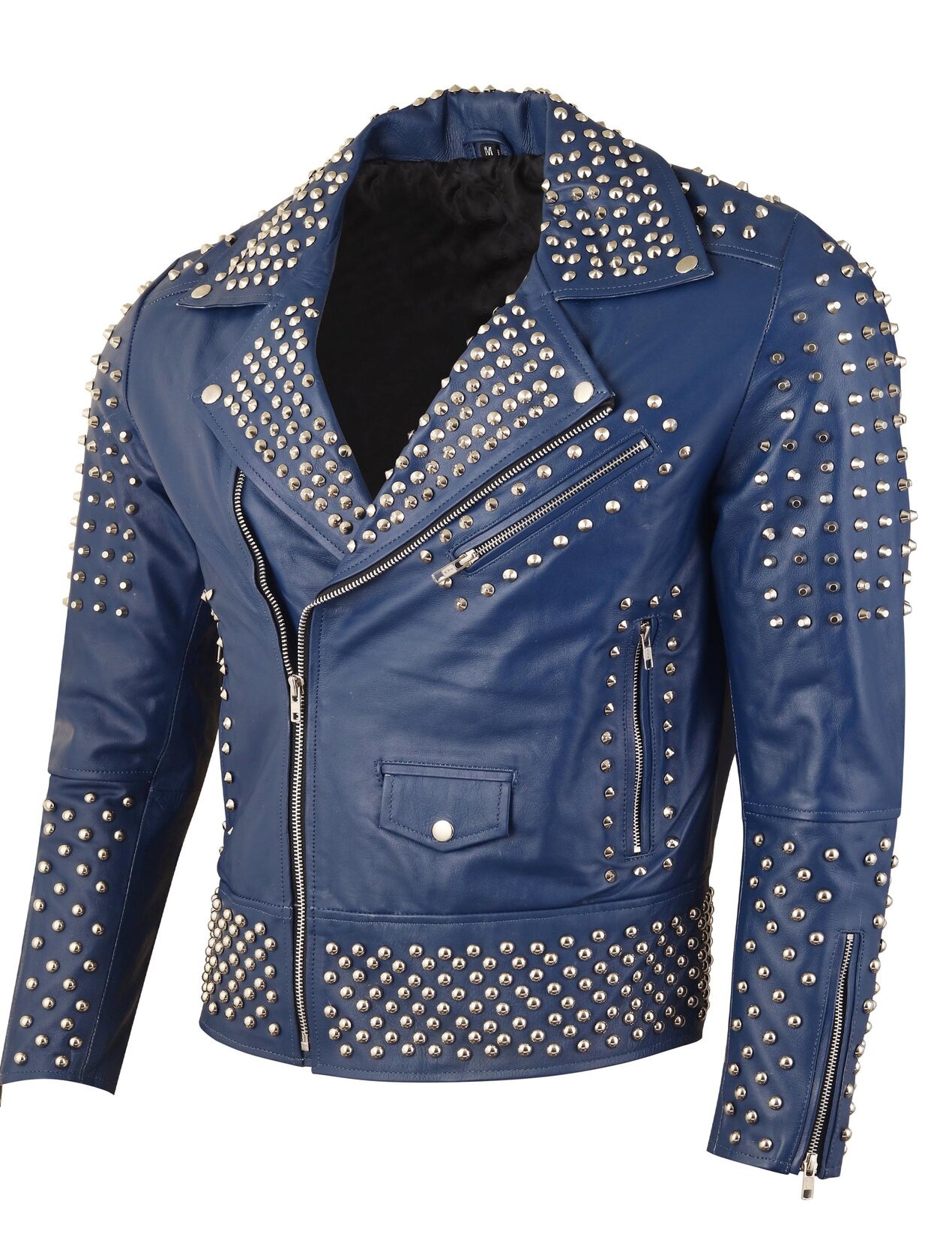 Men’s Navy Studded Biker Leather Jacket – Punk Motorcycle Style