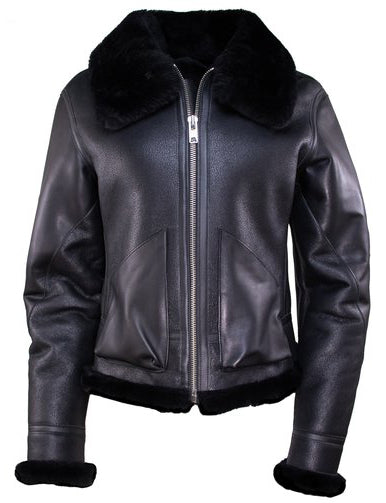 Women’s Black Shearling Leather Jacket – Premium Aviator Style with Fur Collar