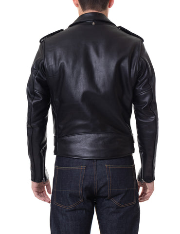 Black leather jacket worn by a person on a white background
