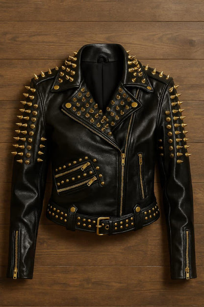 Men’s Black Studded Leather Biker Jacket – Punk Moto Style