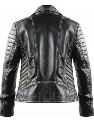 Black leather jacket with quilted design on a white background