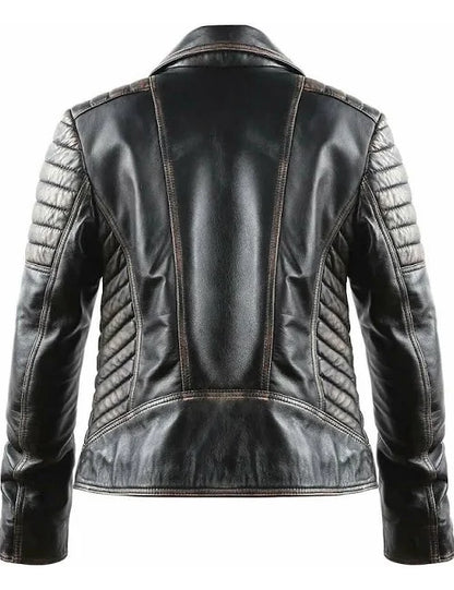 Men’s Black Distressed Biker Leather Jacket – Slim Fit Motorcycle Coat