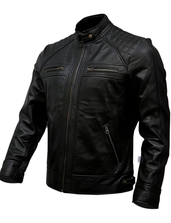 Men’s Black & Brown Distressed Leather Biker Jacket – Motorcycle Jacket