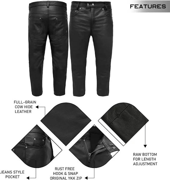 Touch&Torn Men’s Leather Motorcycle Pants – Classic 5-Pocket Biker Jeans Style
