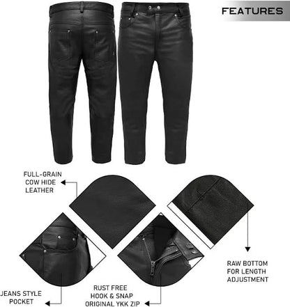 Touch&Torn Men’s Leather Motorcycle Pants – Classic 5-Pocket Biker Jeans Style