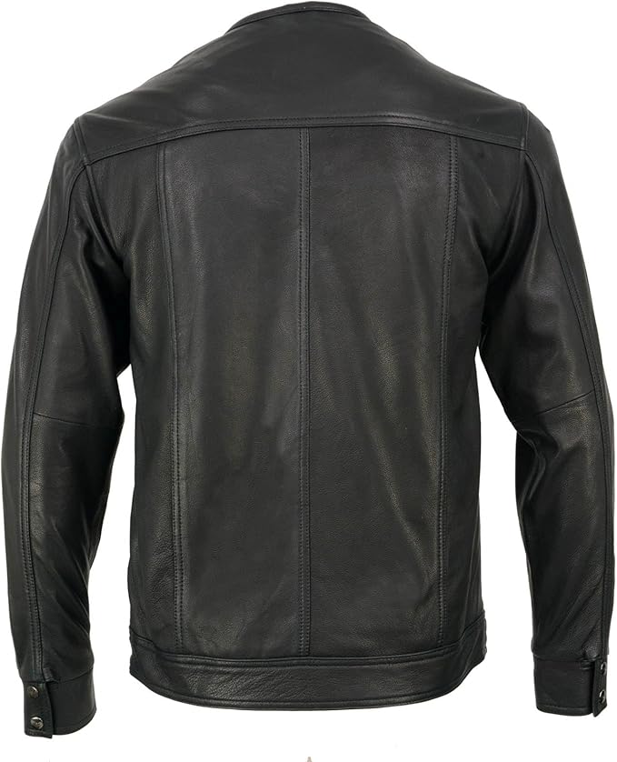 Men’s Black Goatskin Leather Biker Shirt – Collarless Casual Riding Shirt