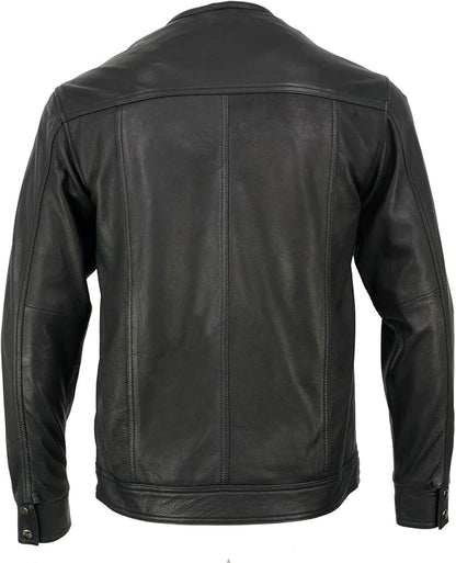 Men’s Black Goatskin Leather Biker Shirt – Collarless Casual Riding Shirt