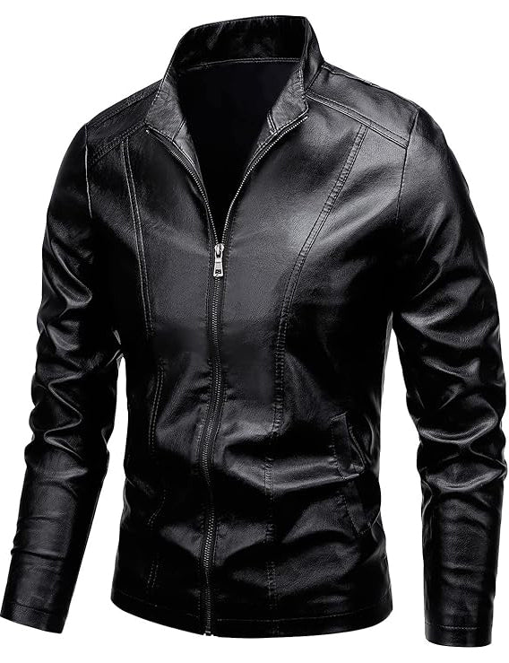 Men’s Slim Fit Faux Leather Jacket – Windproof Retro Style with Stand Collar