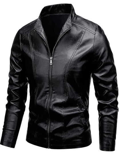Men’s Slim Fit Faux Leather Jacket – Windproof Retro Style with Stand Collar