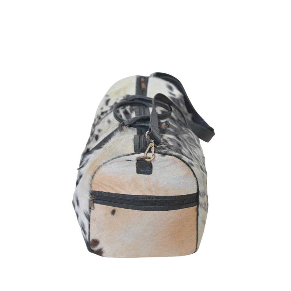 American Style Cowhide Leather Duffle Bag Black White Hair-On Leather Travel Bag Handmade Weekender Bag Gift for Him