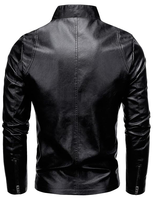 Men’s Slim Fit Faux Leather Jacket – Windproof Retro Style with Stand Collar