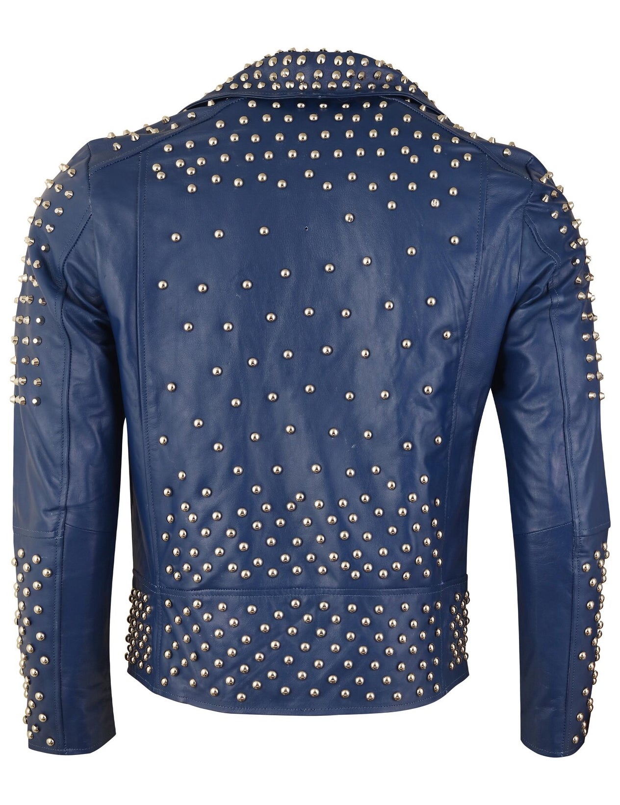 Men’s Navy Studded Biker Leather Jacket – Punk Motorcycle Style