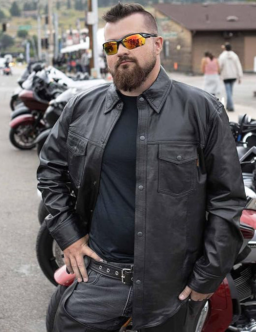 Milwaukee Leather Men’s Black Goatskin Biker Shirt – Dual Closure