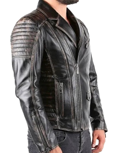 Men’s Black Distressed Biker Leather Jacket – Slim Fit Motorcycle Coat