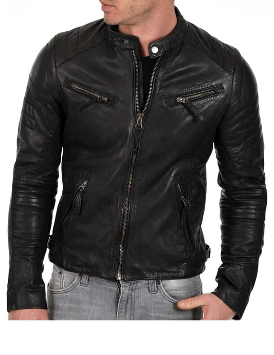 Black leather jacket worn by a person on a white background