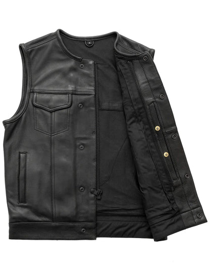 First Mfg Co Men’s Black Leather Biker Vest – Motorcycle Riding Vest