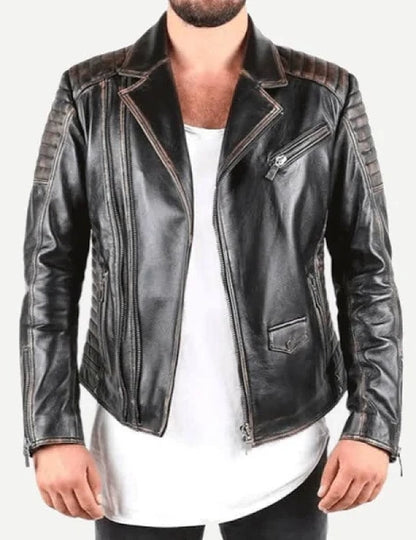 Men’s Black Distressed Biker Leather Jacket – Slim Fit Motorcycle Coat