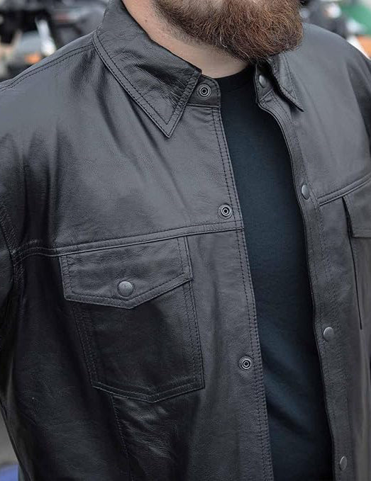Milwaukee Leather Men’s Black Goatskin Biker Shirt – Dual Closure