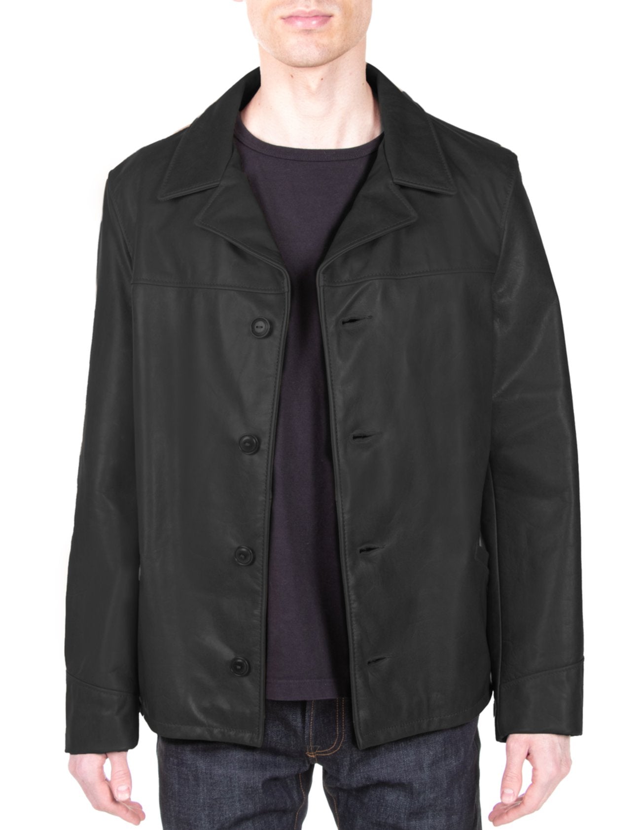Men’s Hip-Length Cowhide Leather Car Coat