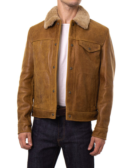 Men’s Buffalo Leather Trucker Jacket with Sheepskin Collar