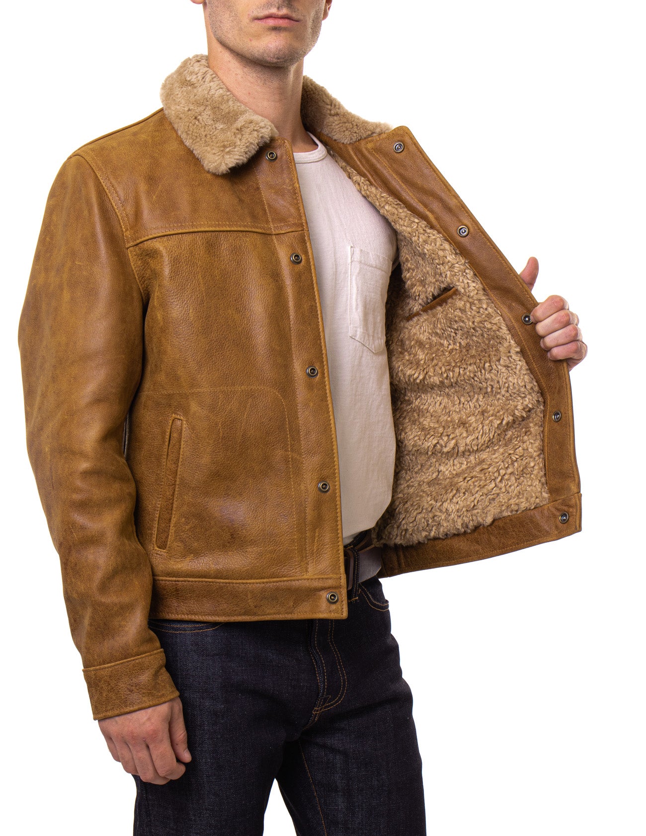 Men’s Buffalo Leather Trucker Jacket with Sheepskin Collar