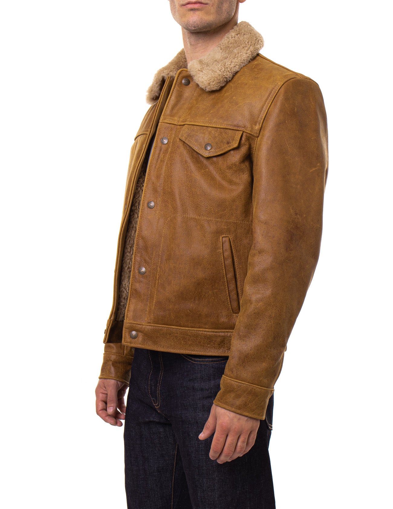 Men’s Buffalo Leather Trucker Jacket with Sheepskin Collar