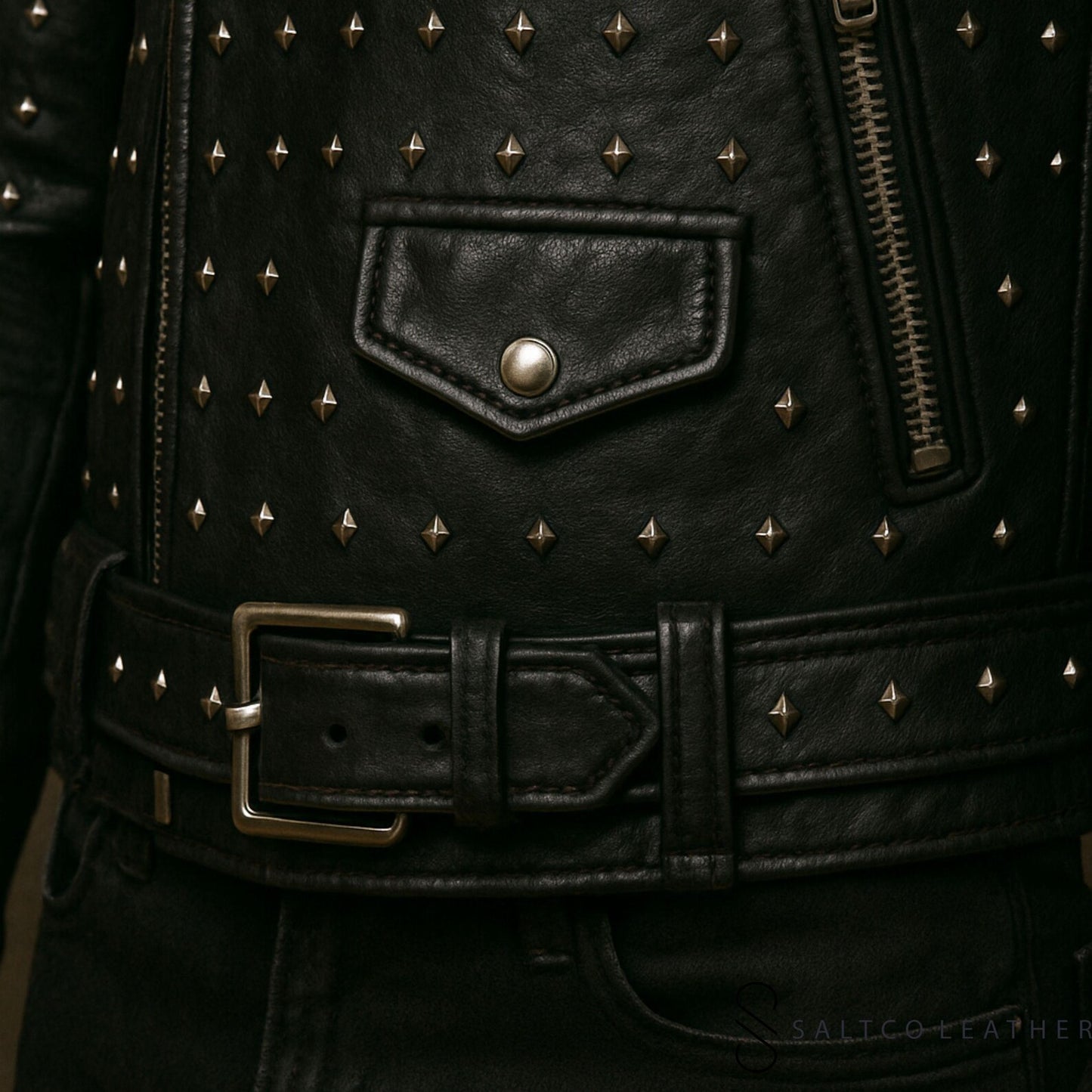 Black Sheep Men’s Studded Leather Biker Jacket – Handmade Edgy Coat