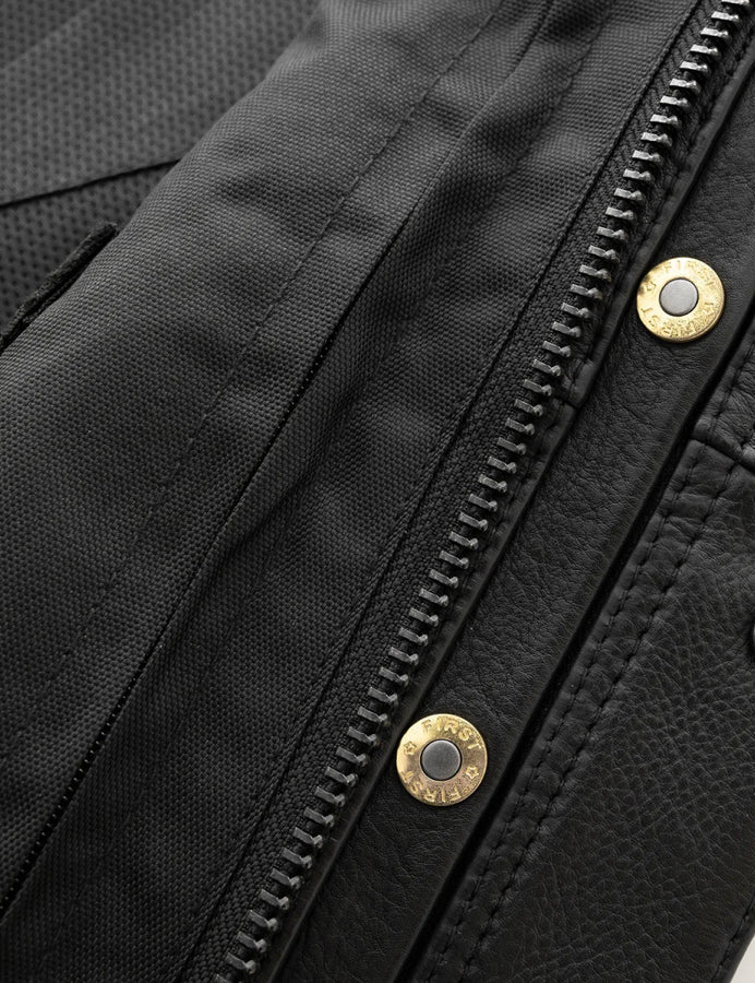 First Mfg Co Men’s Black Leather Biker Vest – Motorcycle Riding Vest