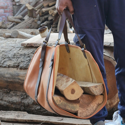 Handmade Leather Firewood Log Carrier, Heavy Duty Wooden Holder with Handles, Rustic Fireplace Log Tote bag, Leathers wooden Carrier
