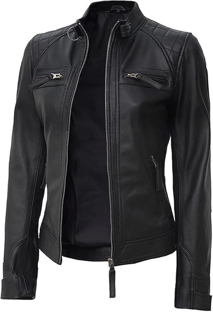 Women’s Biker Leather Jacket – Cafe Racer Style in Premium Lambskin Leather