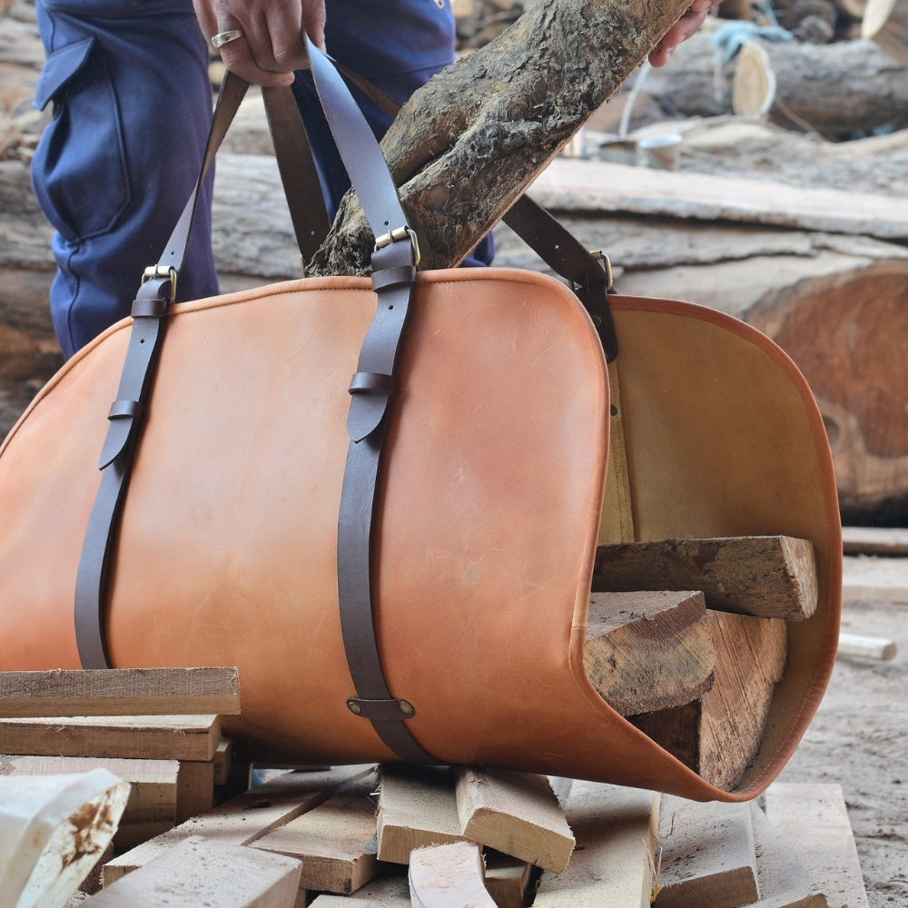 Handmade Leather Firewood Log Carrier, Heavy Duty Wooden Holder with Handles, Rustic Fireplace Log Tote bag, Leathers wooden Carrier