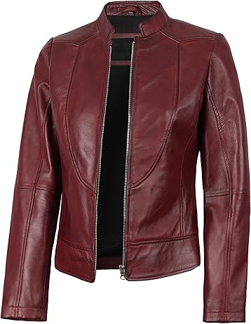 Women’s Burgundy Lambskin Leather Cafe Racer Biker Jacket – Slim Fit Moto Style