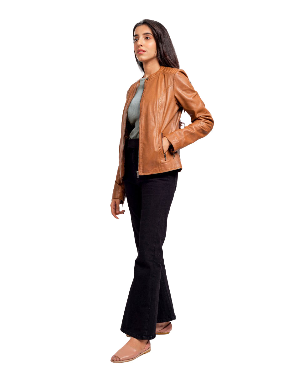 Women’s Tan Lambskin Leather Jacket – Classic Biker Moto Style