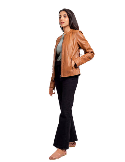 Women’s Tan Lambskin Leather Jacket – Classic Biker Moto Style