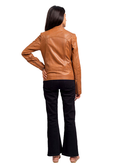 Women’s Tan Lambskin Leather Jacket – Classic Biker Moto Style