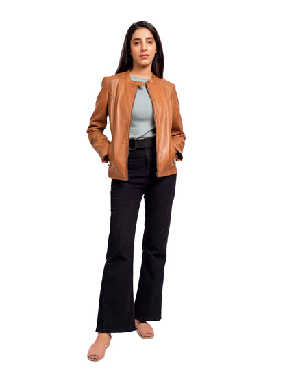 Women’s Tan Lambskin Leather Jacket – Classic Biker Moto Style