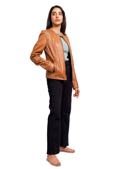 Women’s Tan Lambskin Leather Jacket – Classic Biker Moto Style