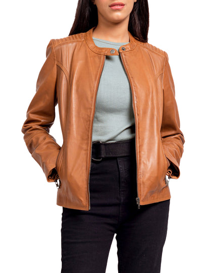 Women’s Tan Lambskin Leather Jacket – Classic Biker Moto Style