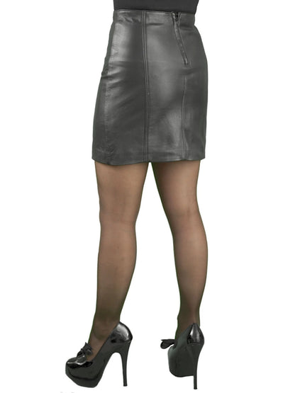 Person wearing a gray leather skirt and black high-heeled shoes on a white background