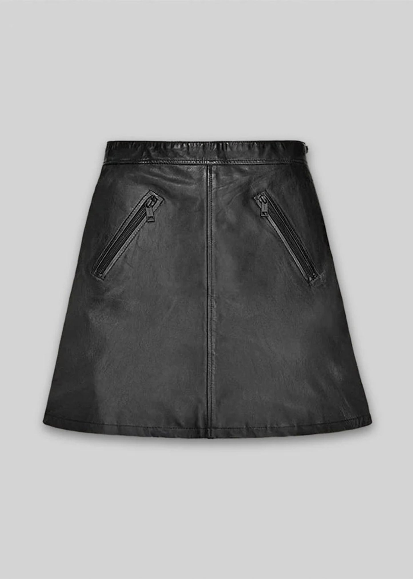Black leather skirt with zippers on a gray background
