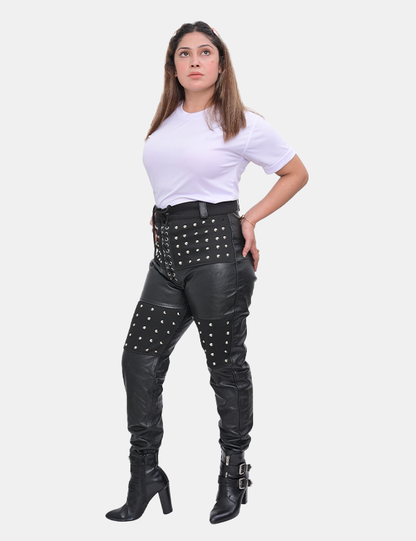 Women's Black Leather Studded Pant For Women
