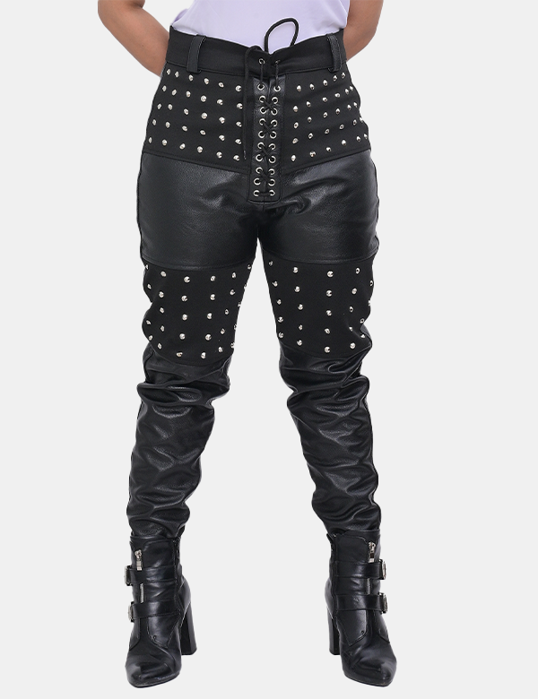 Women's Black Leather Studded Pant For Women