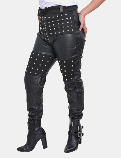 Women's Black Leather Studded Pant For Women