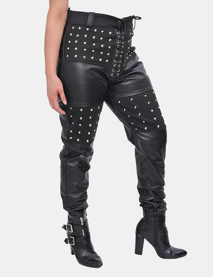 Women's Black Leather Studded Pant For Women