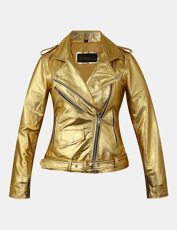 New Women Golden biker Leather Jacket
