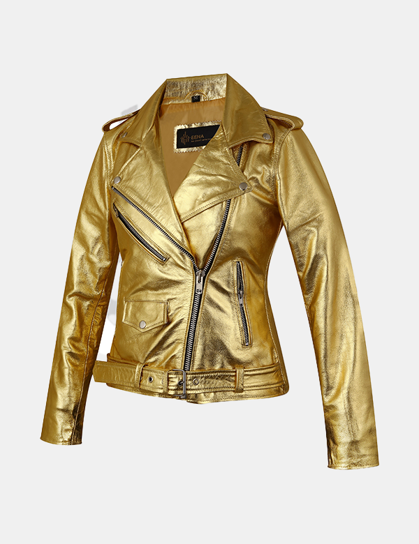New Women Golden biker Leather Jacket