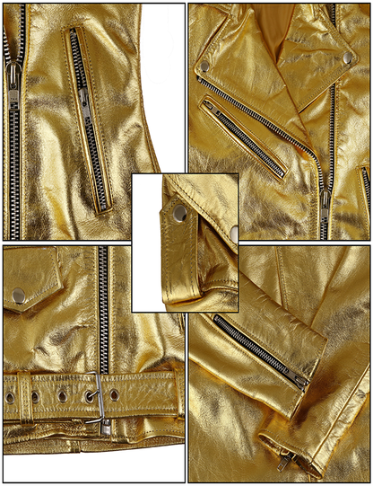 New Women Golden biker Leather Jacket