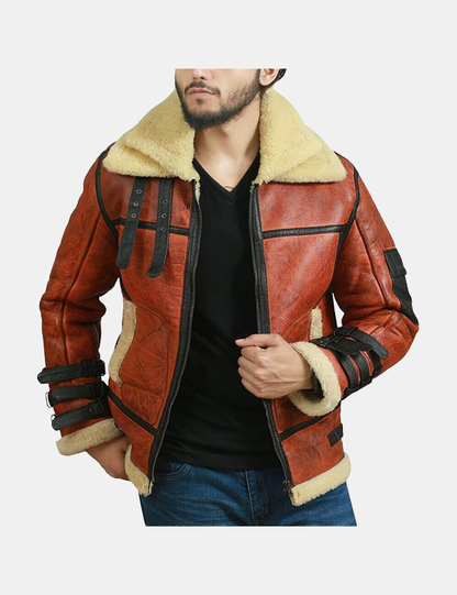 Men Bomber Jacket Shearling Sheepskin Winter leather flight Coat